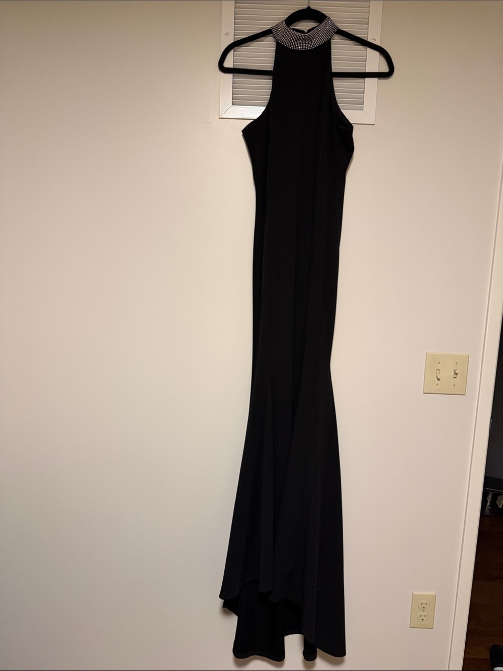 Calvin Klein Black Halter Maxi Gown with Rhinestone Collar